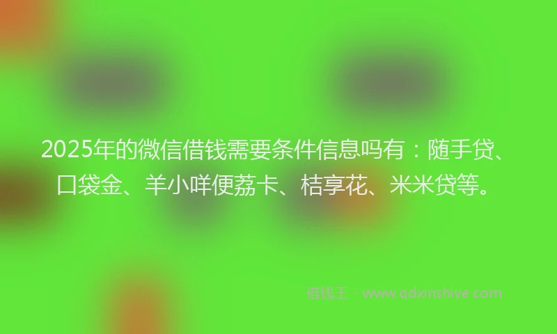 2025年的微信借钱需要条件信息吗有：随手贷、口袋金、羊小咩便荔卡、桔享花、米米贷等。