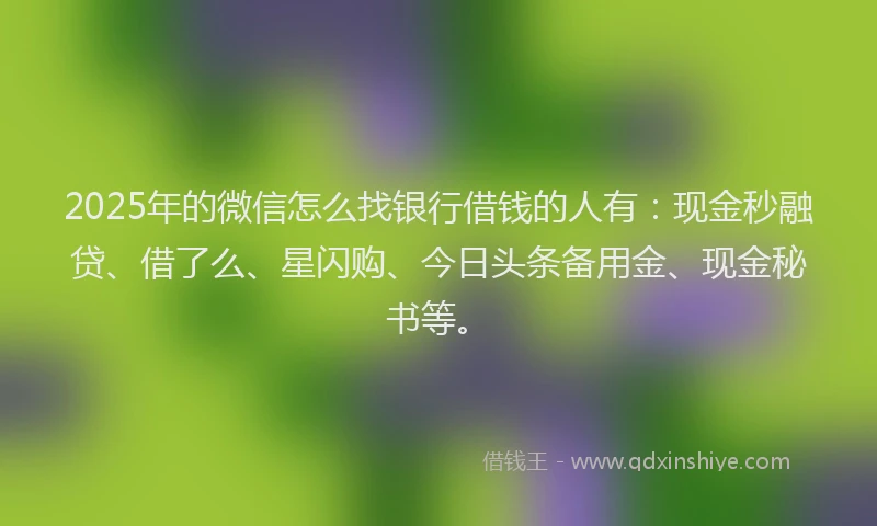 2025年的微信怎么找银行借钱的人有：现金秒融贷、借了么、星闪购、今日头条备用金、现金秘书等。