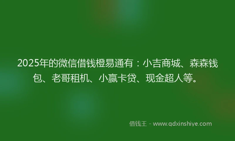 2025年的微信借钱橙易通有：小吉商城、森森钱包、老哥租机、小赢卡贷、现金超人等。