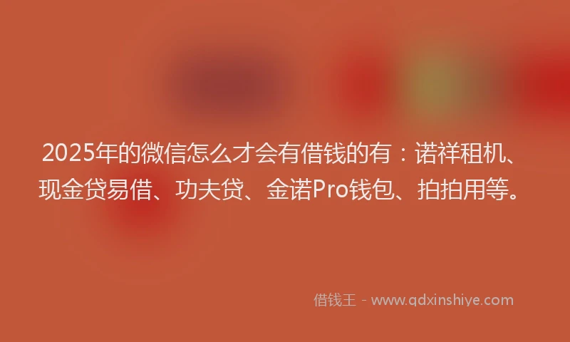 2025年的微信怎么才会有借钱的有：诺祥租机、现金贷易借、功夫贷、金诺Pro钱包、拍拍用等。