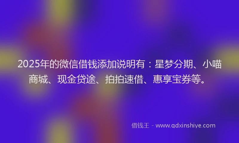 2025年的微信借钱添加说明有：星梦分期、小喵商城、现金贷途、拍拍速借、惠享宝券等。