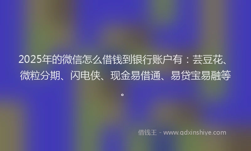 2025年的微信怎么借钱到银行账户有：芸豆花、微粒分期、闪电侠、现金易借通、易贷宝易融等。