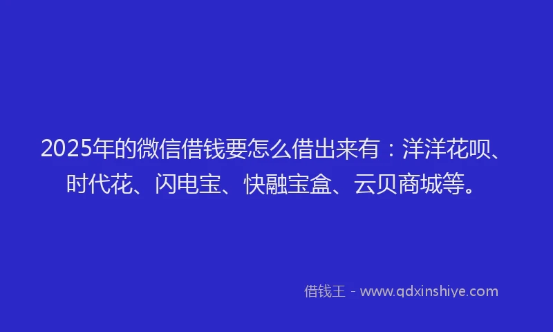 2025年的微信借钱要怎么借出来有：洋洋花呗、时代花、闪电宝、快融宝盒、云贝商城等。
