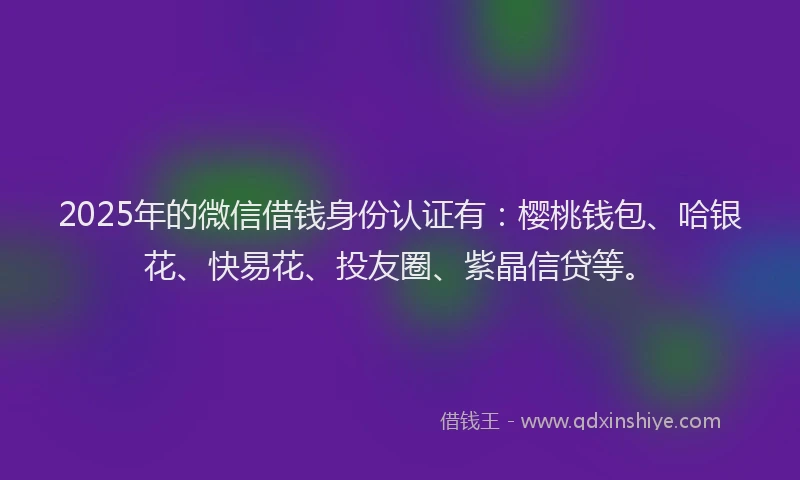 2025年的微信借钱身份认证有：樱桃钱包、哈银花、快易花、投友圈、紫晶信贷等。