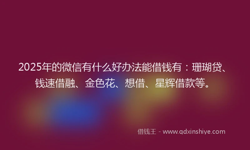 2025年的微信有什么好办法能借钱有：珊瑚贷、钱速借融、金色花、想借、星辉借款等。