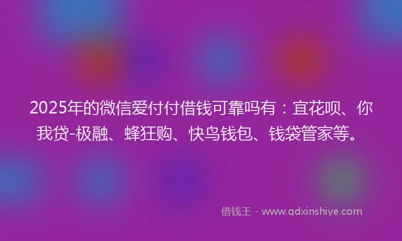 2025年的微信爱付付借钱可靠吗有：宜花呗、你我贷-极融、蜂狂购、快鸟钱包、钱袋管家等。