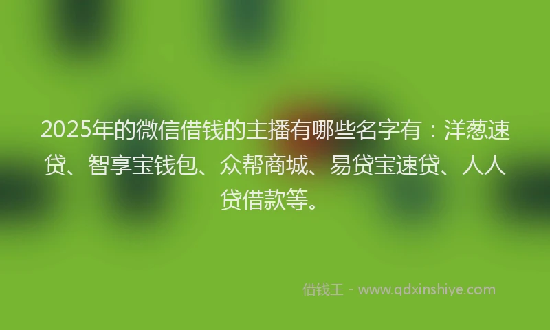2025年的微信借钱的主播有哪些名字有：洋葱速贷、智享宝钱包、众帮商城、易贷宝速贷、人人贷借款等。