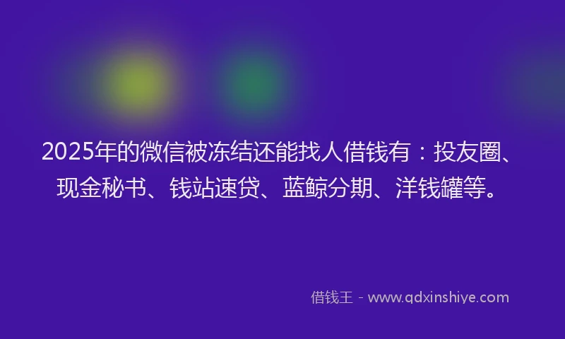2025年的微信被冻结还能找人借钱有：投友圈、现金秘书、钱站速贷、蓝鲸分期、洋钱罐等。