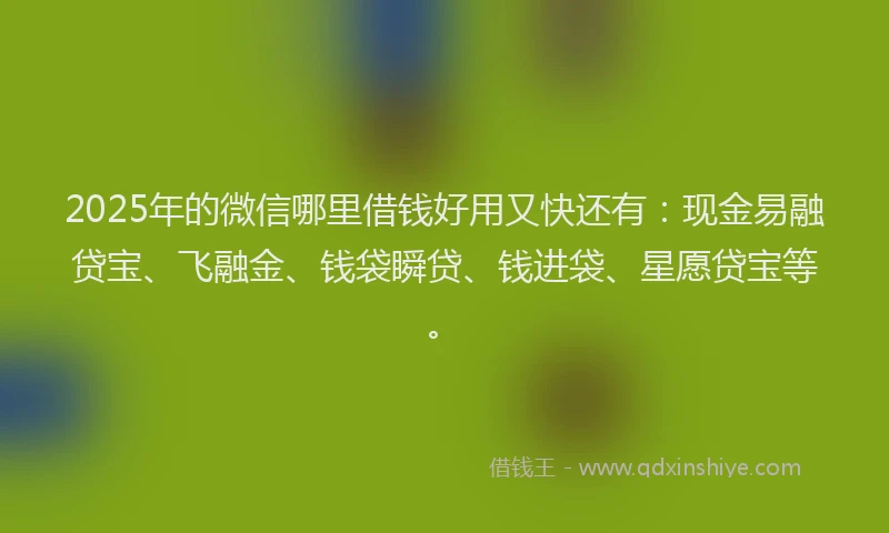 2025年的微信哪里借钱好用又快还有：现金易融贷宝、飞融金、钱袋瞬贷、钱进袋、星愿贷宝等。