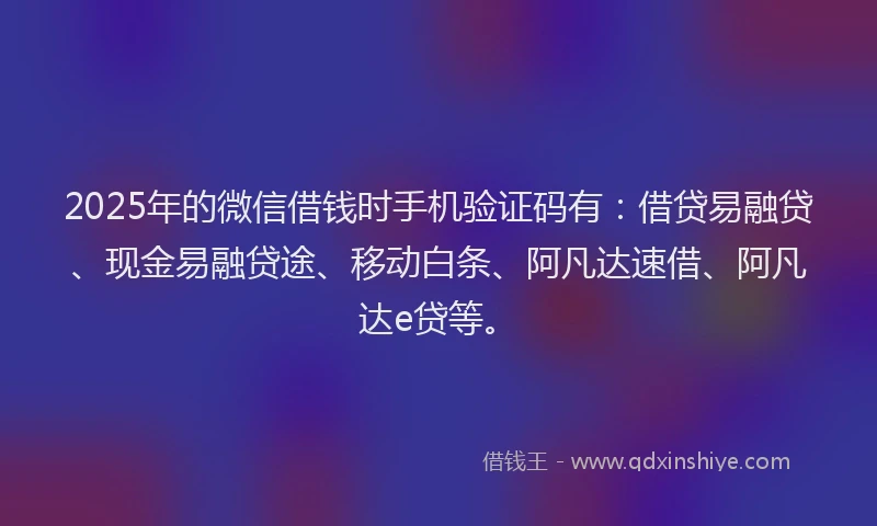 2025年的微信借钱时手机验证码有：借贷易融贷、现金易融贷途、移动白条、阿凡达速借、阿凡达e贷等。