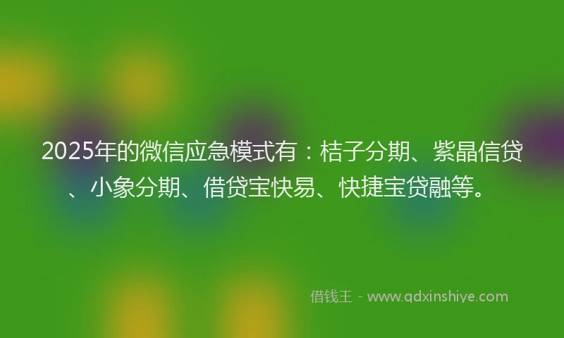 2025年的微信应急模式有：桔子分期、紫晶信贷、小象分期、借贷宝快易、快捷宝贷融等。