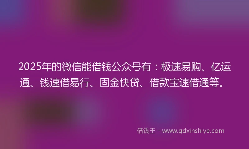 2025年的微信能借钱公众号有：极速易购、亿运通、钱速借易行、固金快贷、借款宝速借通等。