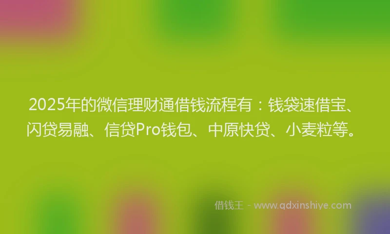 2025年的微信理财通借钱流程有：钱袋速借宝、闪贷易融、信贷Pro钱包、中原快贷、小麦粒等。
