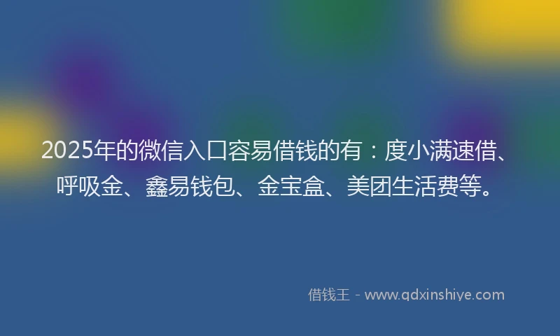 2025年的微信入口容易借钱的有：度小满速借、呼吸金、鑫易钱包、金宝盒、美团生活费等。