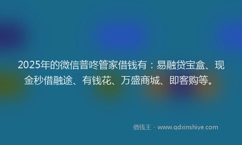 2025年的微信普咚管家借钱有：易融贷宝盒、现金秒借融途、有钱花、万盛商城、即客购等。