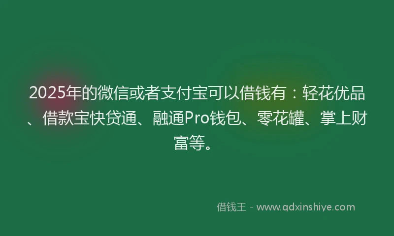 2025年的微信或者支付宝可以借钱有：轻花优品、借款宝快贷通、融通Pro钱包、零花罐、掌上财富等。