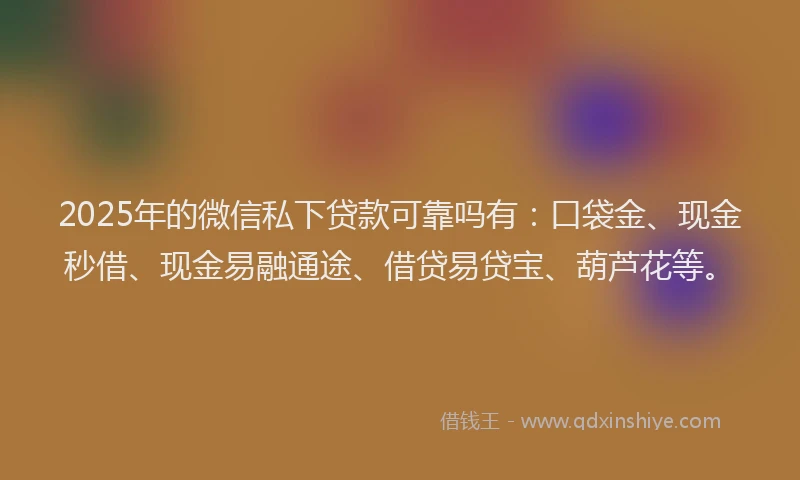 2025年的微信私下贷款可靠吗有：口袋金、现金秒借、现金易融通途、借贷易贷宝、葫芦花等。