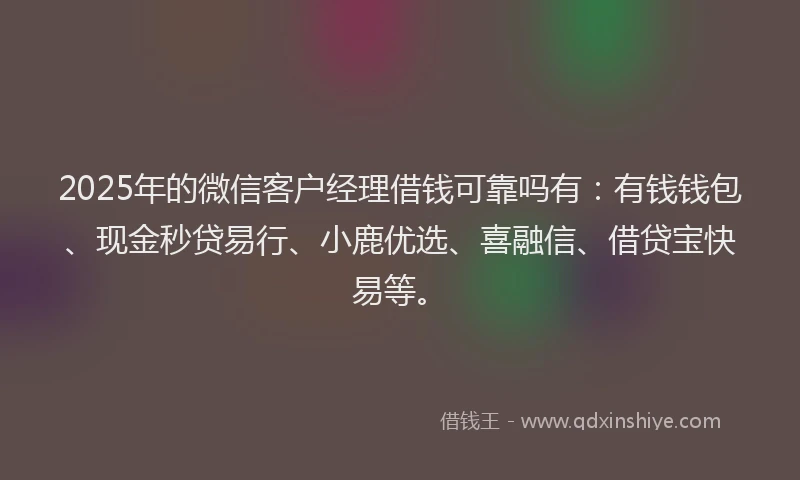 2025年的微信客户经理借钱可靠吗有：有钱钱包、现金秒贷易行、小鹿优选、喜融信、借贷宝快易等。