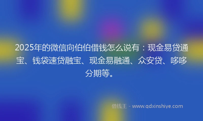 2025年的微信向伯伯借钱怎么说有：现金易贷通宝、钱袋速贷融宝、现金易融通、众安贷、哆哆分期等。