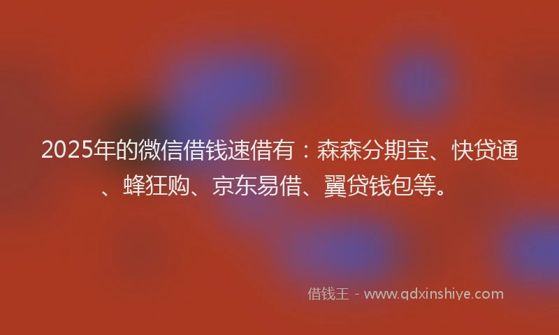 2025年的微信借钱速借有：森森分期宝、快贷通、蜂狂购、京东易借、翼贷钱包等。