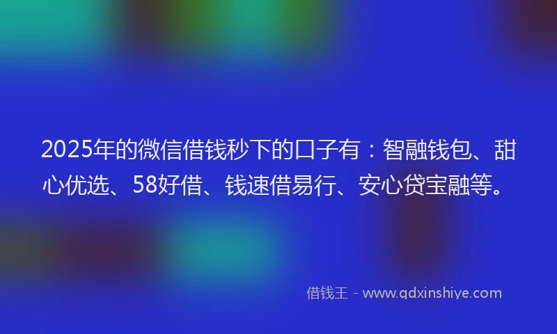 2025年的微信借钱秒下的口子有：智融钱包、甜心优选、58好借、钱速借易行、安心贷宝融等。