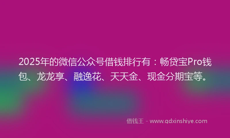 2025年的微信公众号借钱排行有：畅贷宝Pro钱包、龙龙享、融逸花、天天金、现金分期宝等。