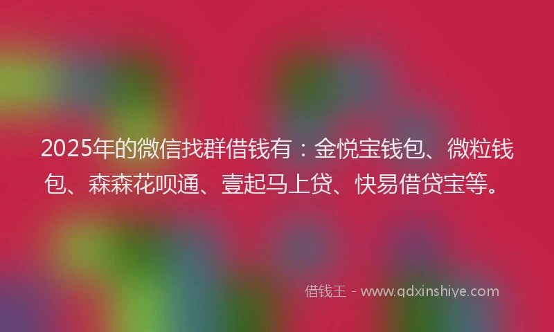2025年的微信找群借钱有：金悦宝钱包、微粒钱包、森森花呗通、壹起马上贷、快易借贷宝等。