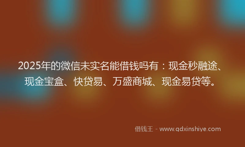 2025年的微信未实名能借钱吗有：现金秒融途、现金宝盒、快贷易、万盛商城、现金易贷等。