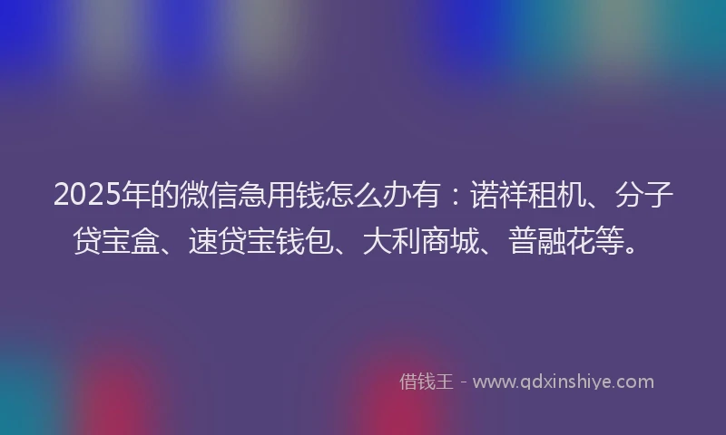 2025年的微信急用钱怎么办有：诺祥租机、分子贷宝盒、速贷宝钱包、大利商城、普融花等。