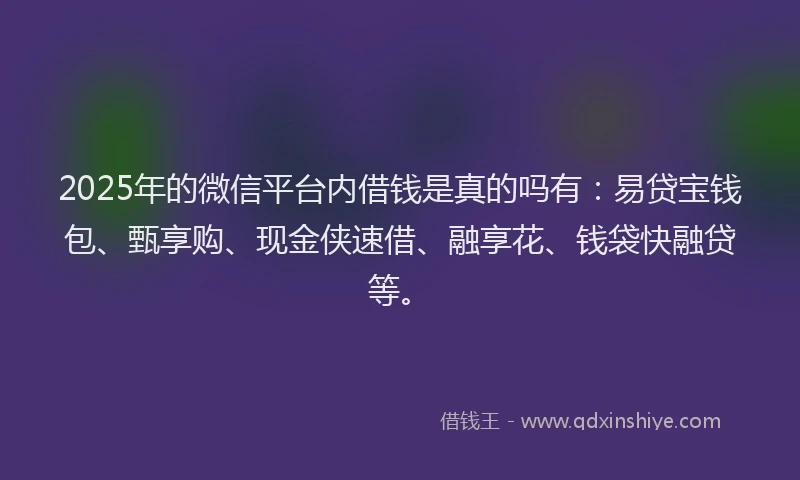 2025年的微信平台内借钱是真的吗有：易贷宝钱包、甄享购、现金侠速借、融享花、钱袋快融贷等。