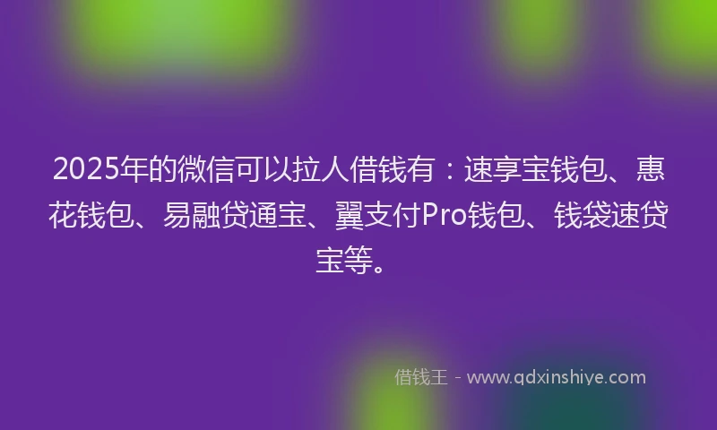 2025年的微信可以拉人借钱有：速享宝钱包、惠花钱包、易融贷通宝、翼支付Pro钱包、钱袋速贷宝等。