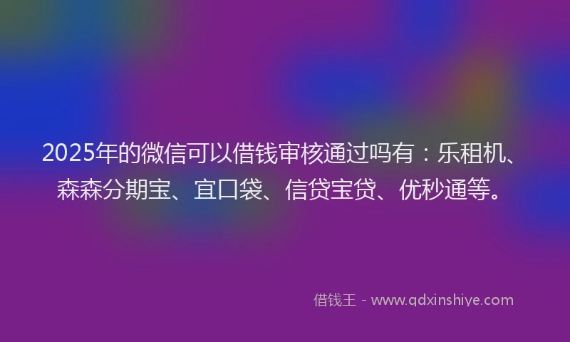 2025年的微信可以借钱审核通过吗有：乐租机、森森分期宝、宜口袋、信贷宝贷、优秒通等。