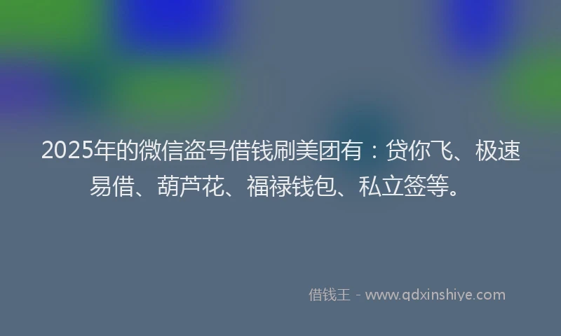 2025年的微信盗号借钱刷美团有：贷你飞、极速易借、葫芦花、福禄钱包、私立签等。