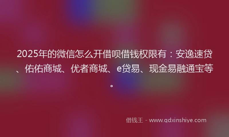 2025年的微信怎么开借呗借钱权限有：安逸速贷、佑佑商城、优者商城、e贷易、现金易融通宝等。