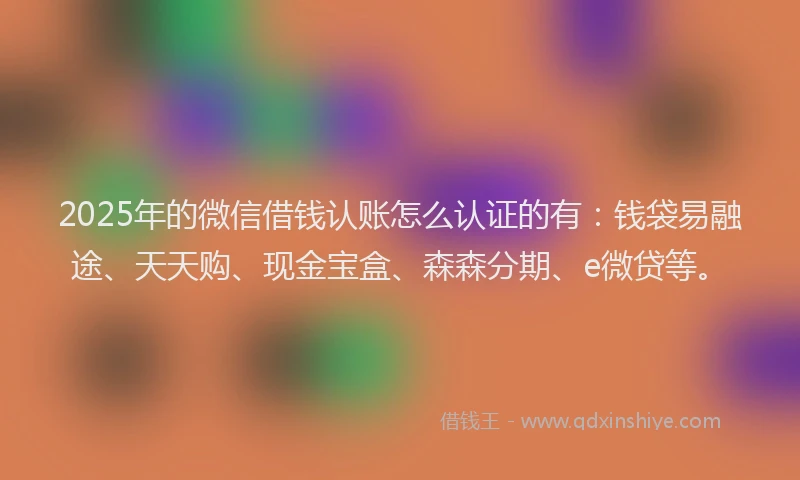2025年的微信借钱认账怎么认证的有：钱袋易融途、天天购、现金宝盒、森森分期、e微贷等。