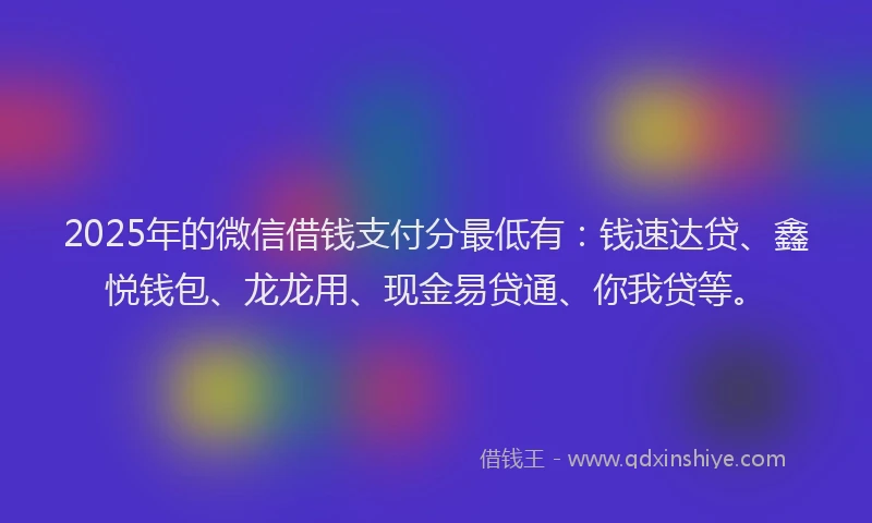 2025年的微信借钱支付分最低有：钱速达贷、鑫悦钱包、龙龙用、现金易贷通、你我贷等。
