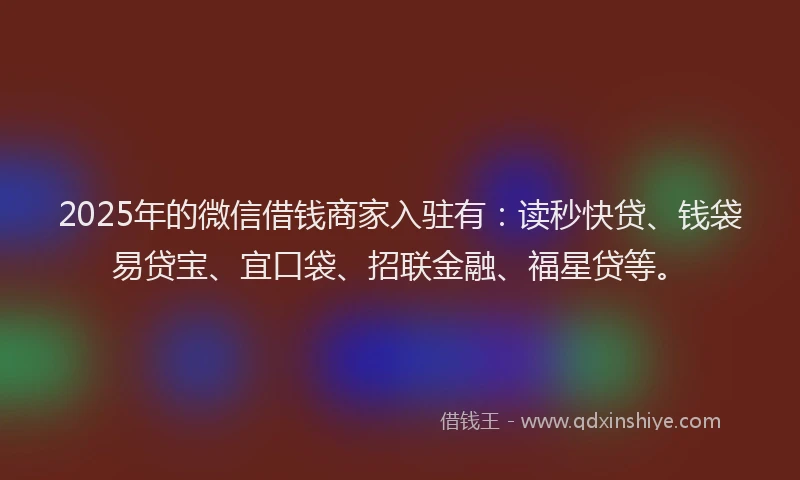 2025年的微信借钱商家入驻有：读秒快贷、钱袋易贷宝、宜口袋、招联金融、福星贷等。