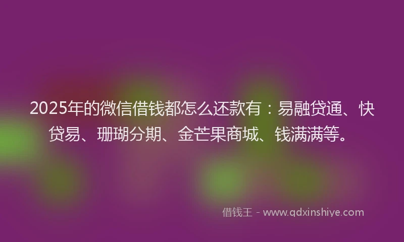 2025年的微信借钱都怎么还款有：易融贷通、快贷易、珊瑚分期、金芒果商城、钱满满等。