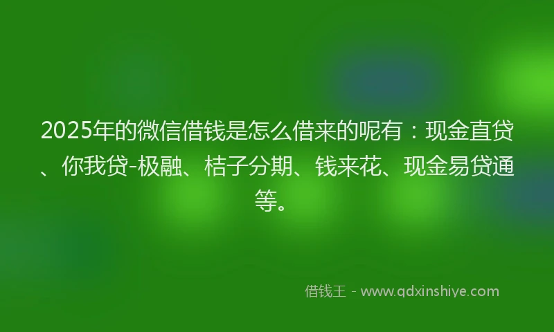 2025年的微信借钱是怎么借来的呢有：现金直贷、你我贷-极融、桔子分期、钱来花、现金易贷通等。