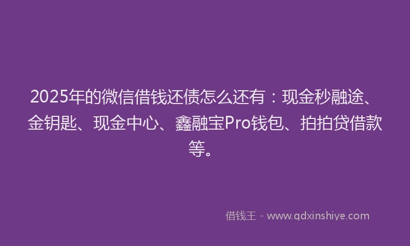 2025年的微信借钱还债怎么还有：现金秒融途、金钥匙、现金中心、鑫融宝Pro钱包、拍拍贷借款等。