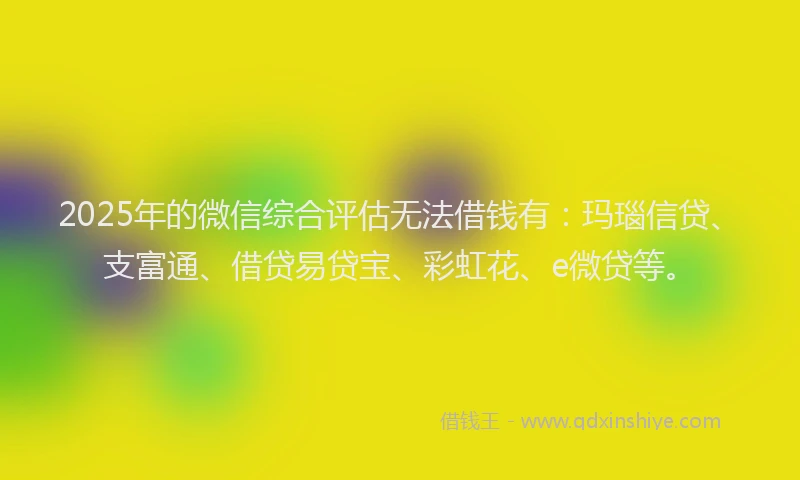 2025年的微信综合评估无法借钱有：玛瑙信贷、支富通、借贷易贷宝、彩虹花、e微贷等。