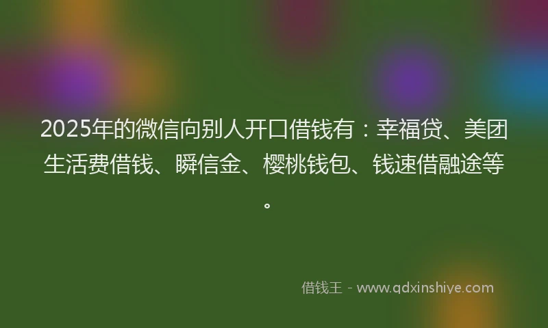 2025年的微信向别人开口借钱有：幸福贷、美团生活费借钱、瞬信金、樱桃钱包、钱速借融途等。