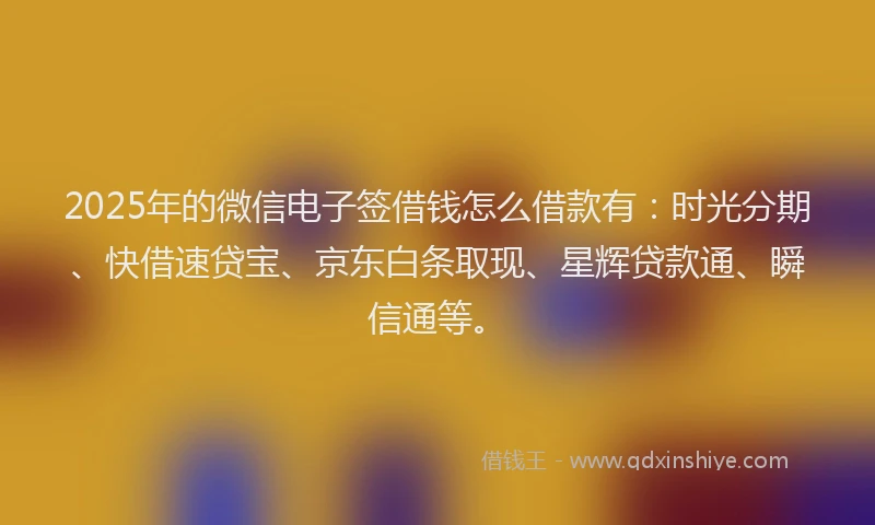 2025年的微信电子签借钱怎么借款有：时光分期、快借速贷宝、京东白条取现、星辉贷款通、瞬信通等。