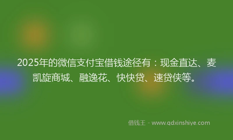 2025年的微信支付宝借钱途径有：现金直达、麦凯旋商城、融逸花、快快贷、速贷侠等。