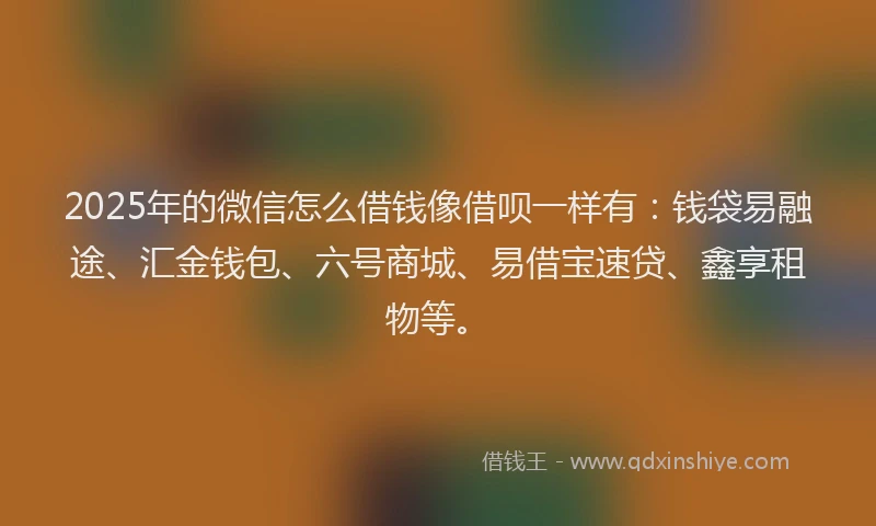 2025年的微信怎么借钱像借呗一样有：钱袋易融途、汇金钱包、六号商城、易借宝速贷、鑫享租物等。