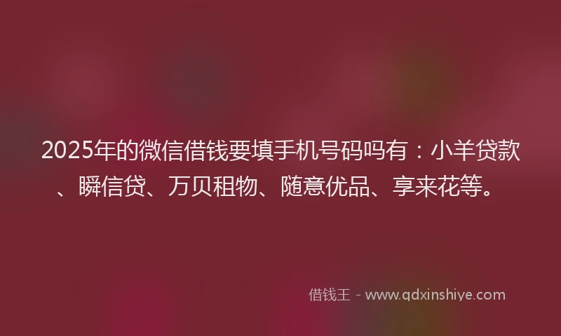 2025年的微信借钱要填手机号码吗有：小羊贷款、瞬信贷、万贝租物、随意优品、享来花等。