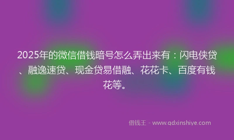 2025年的微信借钱暗号怎么弄出来有：闪电侠贷、融逸速贷、现金贷易借融、花花卡、百度有钱花等。