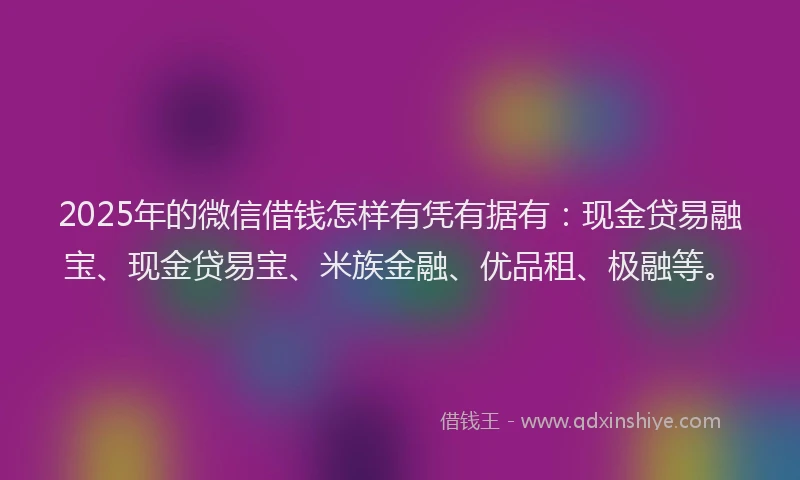 2025年的微信借钱怎样有凭有据有：现金贷易融宝、现金贷易宝、米族金融、优品租、极融等。