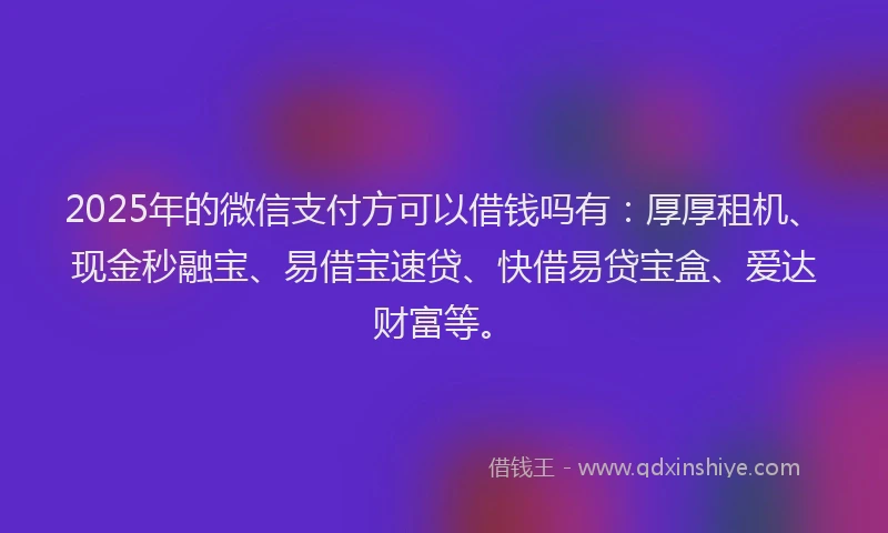 2025年的微信支付方可以借钱吗有：厚厚租机、现金秒融宝、易借宝速贷、快借易贷宝盒、爱达财富等。