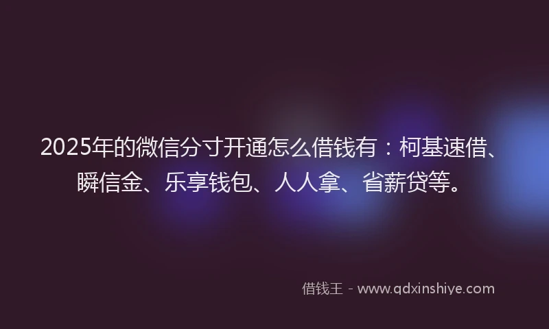 2025年的微信分寸开通怎么借钱有：柯基速借、瞬信金、乐享钱包、人人拿、省薪贷等。